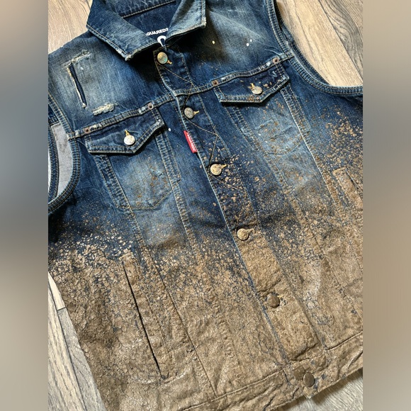 DSQUARED² ICON RUNWAY WASHED BLUE DENIM PAINT MUD COVERED VEST S 52 - Picture 2 of 6